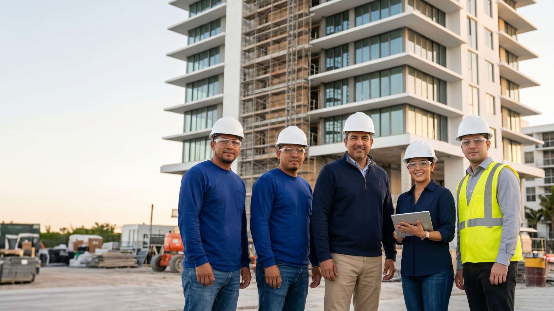 Academia Development team in front of a coastal high-rise