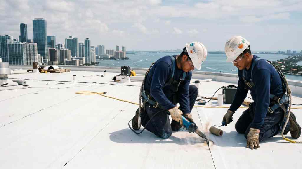 Crew fastening a white TPO membrane on a flat Miami commercial roof with the skyline behind