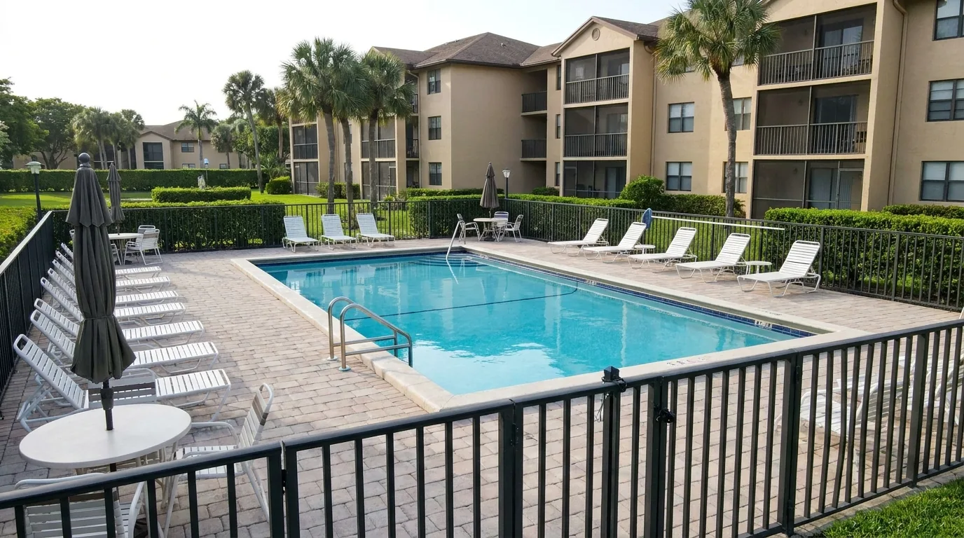 Condominium community pool with a safety fence, paver deck and lounge chairs in front of a mid-rise South Florida residential building