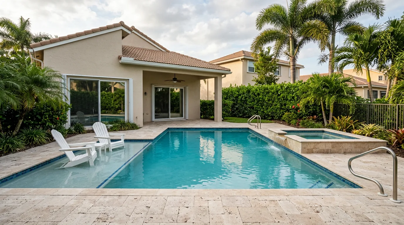 Mid-size residential swimming pool with an attached raised spa and travertine paver deck behind a single-story South Florida home