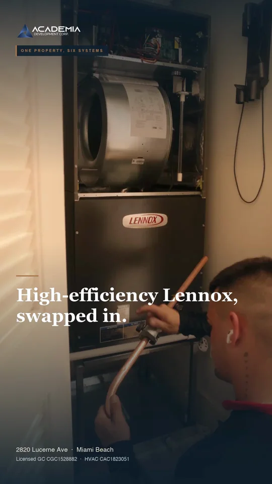 Lennox air handler being connected during the HVAC changeout at 2820 Lucerne Avenue in Miami Beach.