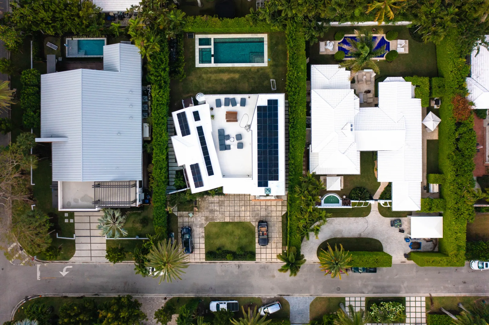 Top-down aerial of the completed Lucerne roof and solar installation in Miami Beach.