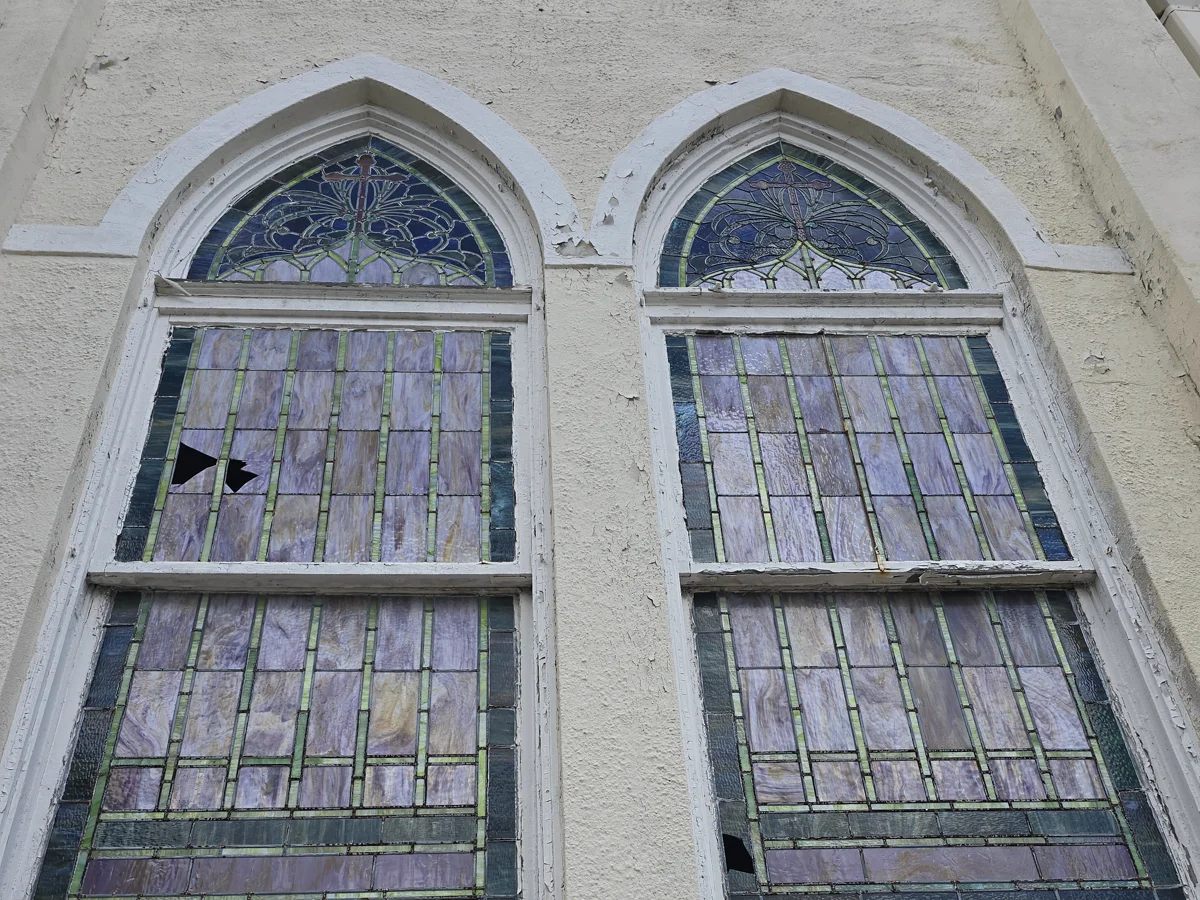 Visible stained-glass and facade conditions documented at Trinity Church on June 24, 2025; this image is not an engineering finding.